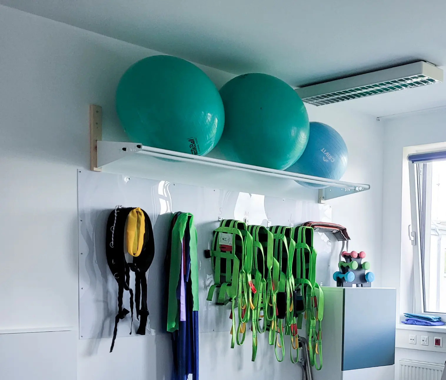 Wandregal mit Gymnastikbällen und aufgehängten Therapiebändern